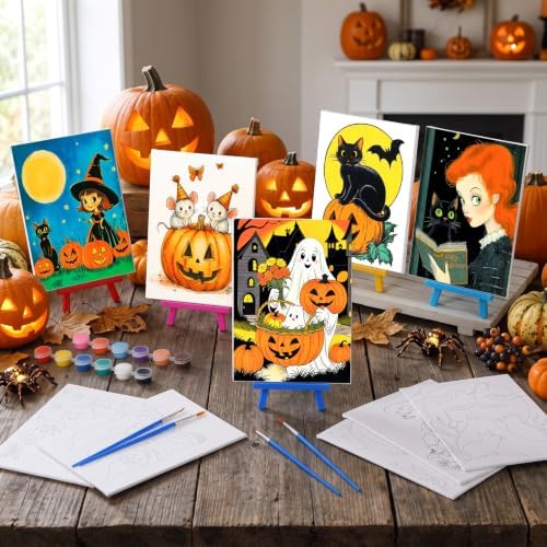 Blosssound 10 Set Halloween Pre Printed Canvas for Painting 5x7, Vintage