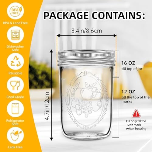 Miuyhji 16 oz Wide Mouth Glass Mason Jars with Lids, 12 Pack for Canning