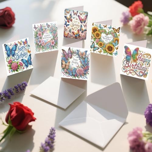 6 Pack Diamond Art Greeting Cards with Envelopes, DIY 5D Diamond Painting Birthday Card Kit with Butterflies and Flowers, 30x15cm Handmade Special Shaped Rhinestone Craft for Holiday and Birthday