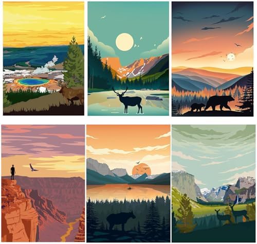 6 Packs Paint by Numbers for Adults Beginners, National Park Painting by Number Kits on Canvas Without Frame, Yellowstone Grand Teton Yosemite Lanscape Craft Arts for Home Wall Decor 9.8x13.8inch