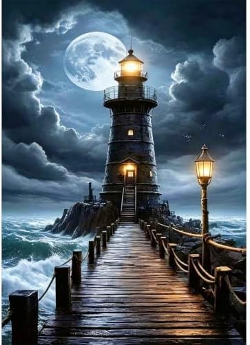 VeGuude Diamond Art Lighthouse Kits for Adults,Dark Night 5D DIY Full Square Drill Diamond Painting Kit,Seaside Storm Scenery Diamond Art Gem Painting for Gift Home Wall Decor (12x16 inch)