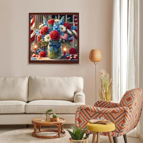 wavaiov 5D Diamond Painting Kits for Adults Beginners, American Flag Flower Full Round Drill Diamond Art Kits, Independence Day Gem Art Paint by Diamonds Dots Crafts Kits for Home Decor 12x12Inch