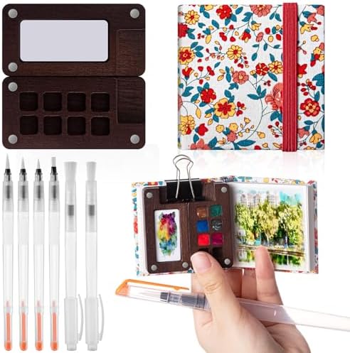 Qilery Mini Portable Watercolor Palette Set Wooden Grid Paint Box Watercolor Paper Sketch Book Brush Pens with Binder Clip for Painters Artist Not Include Paint(Red Flowers)