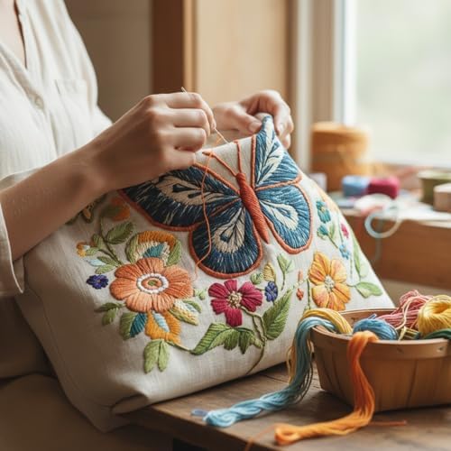 ARTopet Embroidery Tote Bag Kit for Beginners Butterfly Canvas Cross Stitch Handbag with Hoops Needles Threads Reusable Grocery Bag for Women-Butterfly02