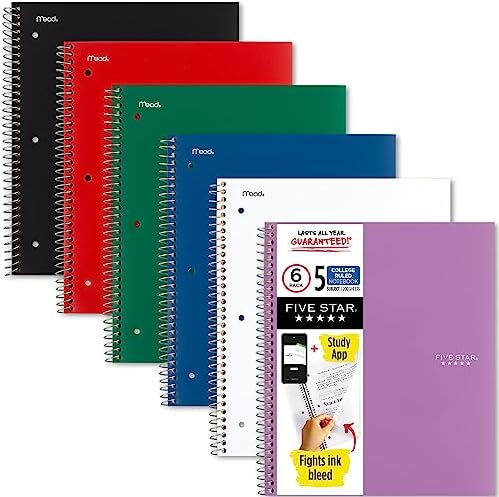 Five Star Spiral Notebook + Study App, 6 Pack, 5 Subject, College Ruled Paper, Fights Ink Bleed, Water Resistant Cover, 8-1/2" x 11", 200 Sheets, Assorted Colors (73793)