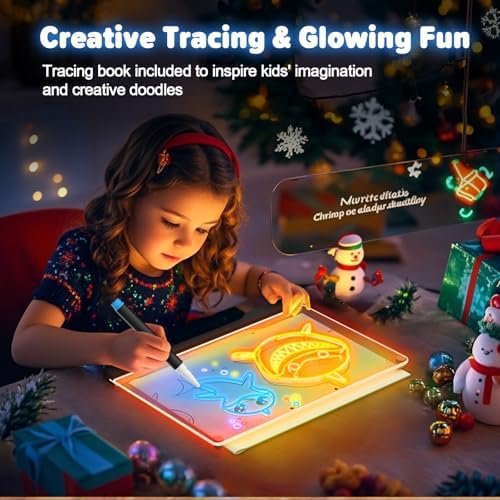 Geokay 16" Rechargeable LED Drawing Board, 9-Color Light Modes, Neon Art Dry Erase Light Up Doodle Glow Pad with Built-in Stand, Sketching Gift Toy for Kids/Girls/Teens, 7 Markers & Tracing Book