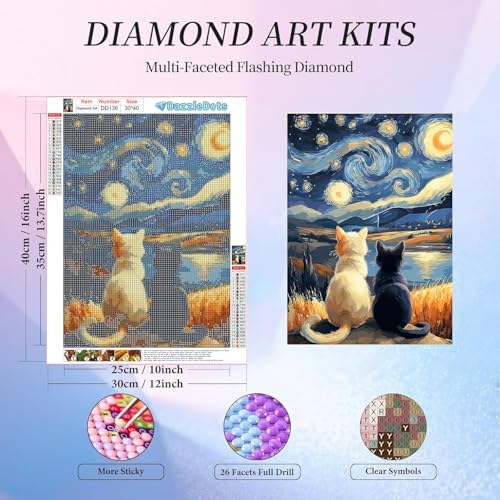 Cute Cat Diamond Art Kits for Adults Round Diamond Painting 12x16 Inch