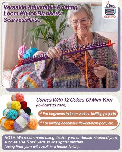 UCDRMA Adjustable Loom Knitting Kit, Up to 21 Different Sizes and Shapes Knitting Loom for Blankets/Scarves/Hats, Infinity Loom Crochet with 12 Yarn & Instructions, Flexible Yarn Loom for Beginners