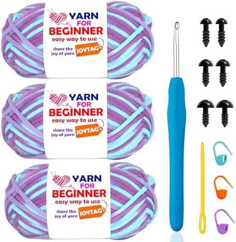 3 Pack Rainbow Beginner Crochet Yarn for Crocheting and Knitting Multicolor Cotton Crochet Yarn for Beginners with Easy-to-See Stitches Cotton-Nylon Blend Easy Yarn for Beginners(Purple Blue)