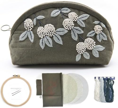 FONNUY Embroidery Kit Makeup Bag for Beginners, Flowers Pre-Stamped Pattern Handbag Coin Purses Making Kits for Adults with Hoop, Easy to Follow Color Thread Needlework (Grey)
