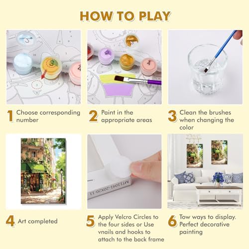 Bowetile Framed Street Cafe Paint by Numbers Kit for Adults, Adults' Paint-by-Number Kits on Canvas, Painting by Numbers Spring, DIY Acrylic Number Painting for Home Wall Decor, 8x12in