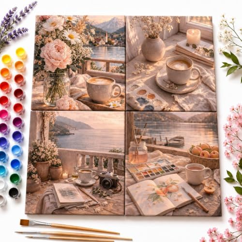 Paint by Numbers Kit for Adults, Set of 4 Framed Canvases, Cozy Vintage