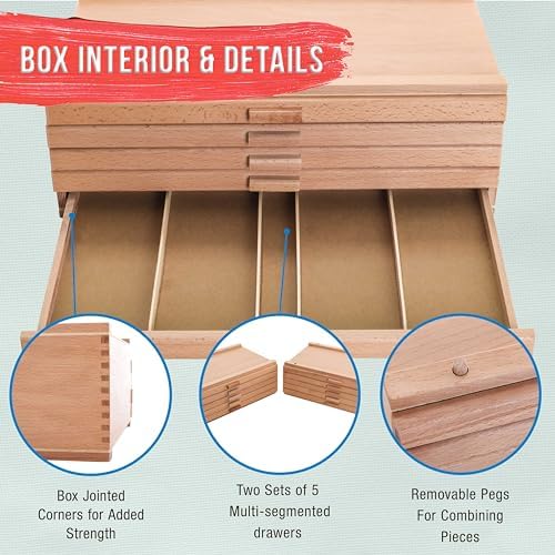 U.S. Art Supply 10-Drawer Artist Tool Supply Box with Storage Drawers | 5 Compartments per Drawer - Hardwood Art Box for Artist Supplies, Brushes, Pencils, Erasers, Tool Storage Organizer Case