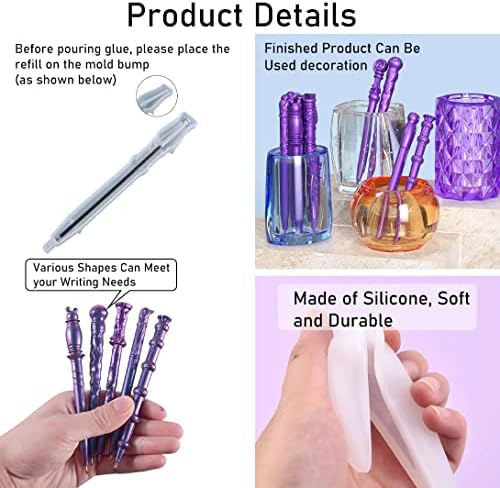 5pcs Pen Resin Mold + 15pcs Refills, Ballpoint Pen Silicone Molds, Epoxy Casting Mold, Irregular Ballpoint Mould for DIY Pen Craft and Teacher Student School Present Art