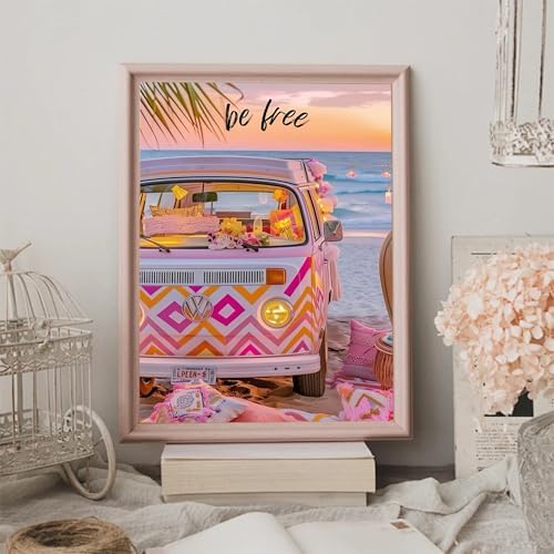EOPLK Beach Diamond Painting Kits for Adults, Be Free Beach Van Diamond Art Kit for Beginners, 5D DIY Full Drill Round Gem Painting by Numbers for Home Wall Decor Gift, 12x16 inch