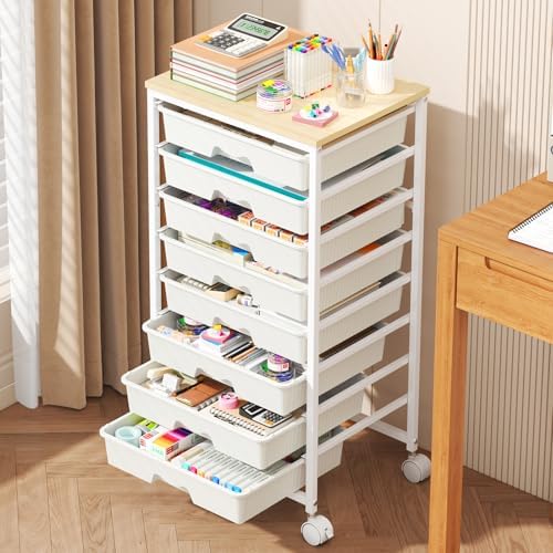 Goovilla Rolling Cart with 8 Drawers for Art, Dorm, Office, Craft, White