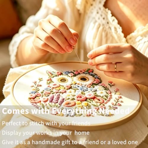FONNUY Floral Owl Embroidery Kit for Beginners, DIY Handmade Flower Animal Embroidery Set with Hoop, Stamped Cross Stitch Kit for Adults, Unique Home Wall Art Decor & Craft Gift (Colorful)