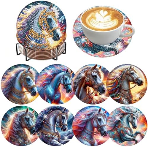 8 Pack Horse Diamond Art Coasters Kit for with Holder & Cork Backing