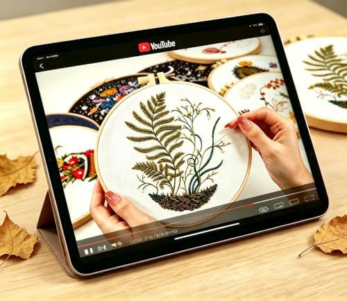 Fern Botanical Embroidery Kits for Beginners Adults, Vintage Plant Embroidery Sets Needlepoint Kits, Stamped Cross Stitch Kits for Beginners Adult, 4 Embroidery Hoops, Fabric (Attached Video Tutorial)