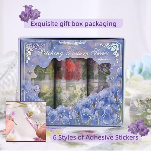 6 Rolls Floral Washi Pet Tape, Flower Decorative Tape Pre-Cut Wildflower Washi Tape for Journaling Scrapbook Supplies