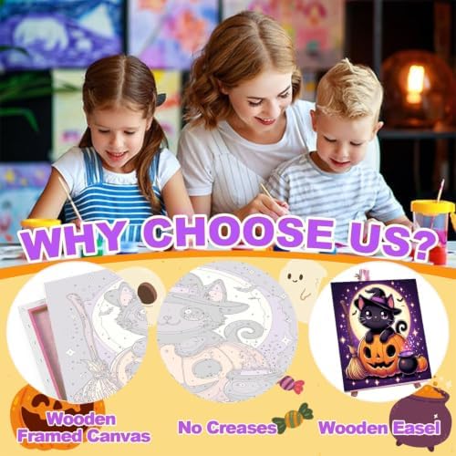 4 Pack Halloween Paint by Numbers Kit for Kids with Frame (Cat, 8x8 inch)