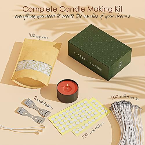 Hearth & Harbor Natural Soy Wax and DIY Candle Making Supplies - 10 Lbs Soy Candle Wax Flakes, 24 Candle Wax Dye Blocks, 100 Cotton Wicks, and 2 Metal Centering Device, Multicolored