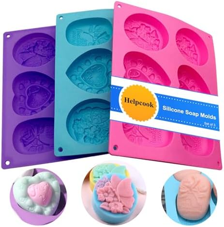 3 Pack Silicone Soap Molds, 6 Cavities, Mixed Patterns, BPA Free, Easy Release