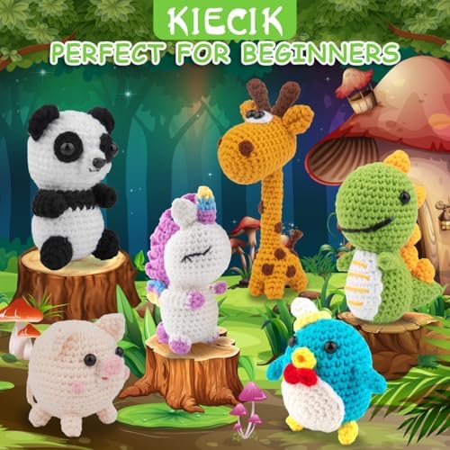 KIECIK 6Pcs Crochet Kit for Beginners, Crochet Animal Kits，Knitting Kit for Adults with Step by Step Videos Tutorials, Knitting Kit Great Birthday Holiday Gift, DIY Keychain Pendants(Set -02)