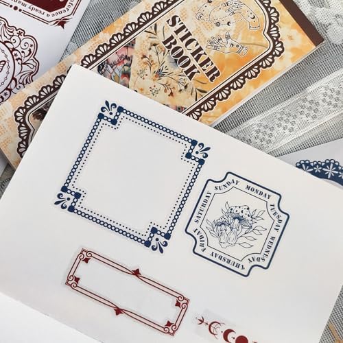 Vintage Lace and Frame Sticker Book,30 Sheets PET Transparent Scrapbook Stickers with Aesthetic Designs for Scrapbooking Supplies and Junk Journal