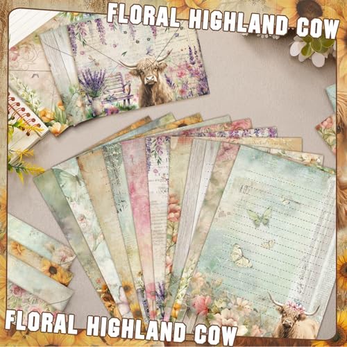 TaoBary 160 Pcs Floral Highland Cow Stationery Paper and Envelopes Set