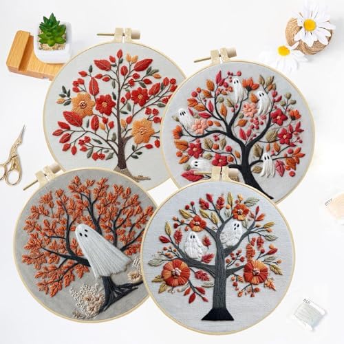LB 4-Pack Halloween Ghost Embroidery Kit for Beginners: Orange Fall Tree Cross Stitch Kit | Adults DIY Starter Kit Includes Embroidery Hoop, Colorful Threads, Tools and Instructions