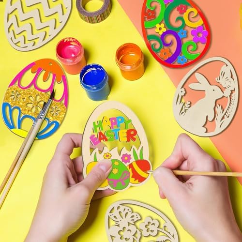 80PCS Wooden Easter Ornaments to Paint, 10 Styles DIY Blank Unfinished Wood Egg Cutouts Ornament for Crafts Hanging Decorations Happy Easter Hallow Egg Rabbit Bunny Butterfly Flower Hen