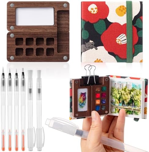 Qilery Mini Portable Watercolor Palette Set Wooden Grid Paint Box Watercolor Paper Sketch Book Brush Pens with Binder Clip for Painters Artist Not Include Paint(Cat)