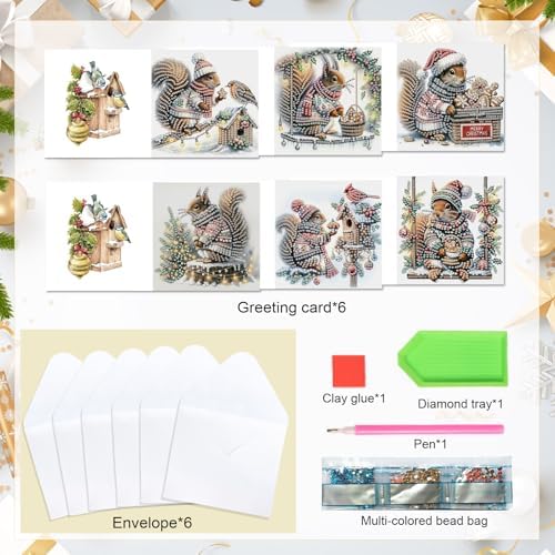 antor 6-Pack Squirrel Christmas Diamond Painting Cards – DIY Diamond Art Greeting Card Kit with Envelopes, Holiday Rhinestone Craft for Adults