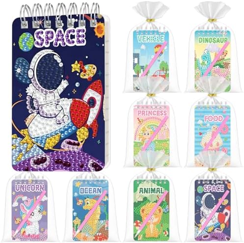 Maitys 8 Set Diamond Art Notebook with Gift Bags Cute Cartoon Notepad DIY Diamond Painting Notebook Set 5d Journal Art Crafts Accessories with Tool for Adults Beginner Birthday Gifts