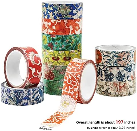 Berkin Arts 12 Rolls Art Floral Designs Washi Tape Set - 15 mm Wide Decorative Adhesive Masking Tape Cloisonnism for Bullet Journal Colorful Damask Pattern Intricate Colorful Owen Jones Series