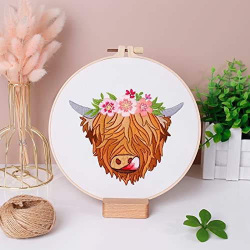 Louise Maelys Highland Cow Stamped Embroidery Kit Floral DIY Craft