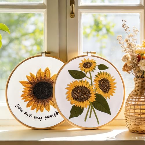 Sunflower Embroidery Kits for Beginners Adults, Floral Hand Embroidery Set Needlepoint Kits, Stamped Cross Stitch Kits for Beginners Adults, 2 Embroidery Hoops, Fabric, Thread(Attached Video Tutorial)