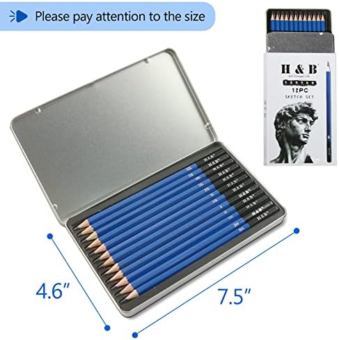 H & B 12 PCS Pencil Drawing Kit, H-4H, F, HB, B-6B Graphite and Charcoal Sketch Pencil Set for Beginners, Professional Artists
