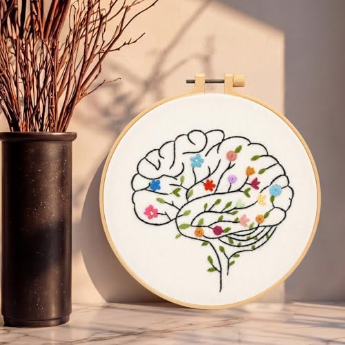 Fanfanwin 1 Set Brain Embroidery Kit for Beginner Floral Brain Cross Stitch Kits Easy Embroidery with Hoop, Needles, Threads, Instruction Threads Tools DIY Craft Art for Mental Health Mindfulness Gift