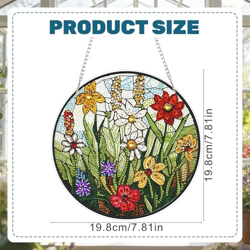 CRZMODE Stained Glass Wildflowers Diamond Art Hanging Kit for Adults, Pendant Diamonds Painting Art Kit, Special Crystal Diamond Art Painting Pendant Ornament, Craft Gift for Women Home Window Decor