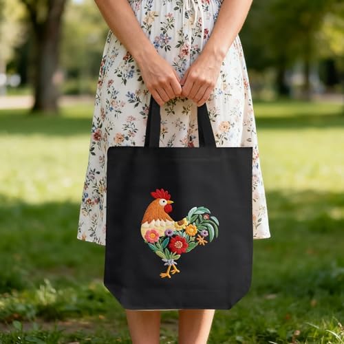 ERKOON Canvas Tote Bag Embroidery Kit for Beginners, Needlepoint Arts Crafts Cross Stitch Kits for Adults Including Stamped Embroidery Bag with Hoops, Needle, Instruction and Color Threads (Rooster)