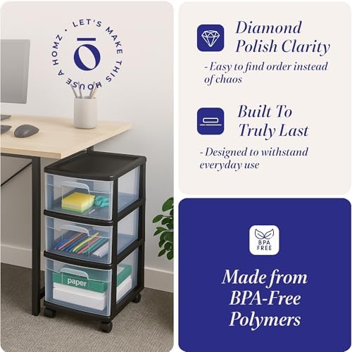 HOMZ Drawer Tower 3-Tier Storage Cart, Removable Wheels, Black Frame,2 Pack