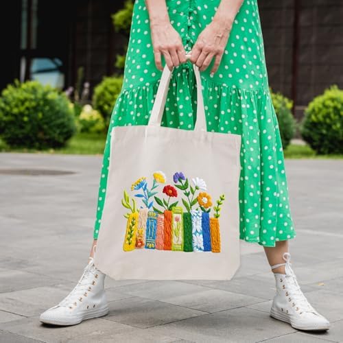 Louise Maelys Book and Flowers Embroidery Kit Canvas Tote Bag for Beginners