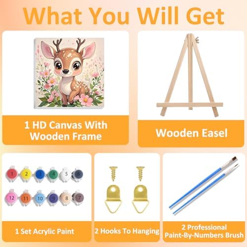 Deer Paint by Numbers Kit for Kids, 8x8 inch