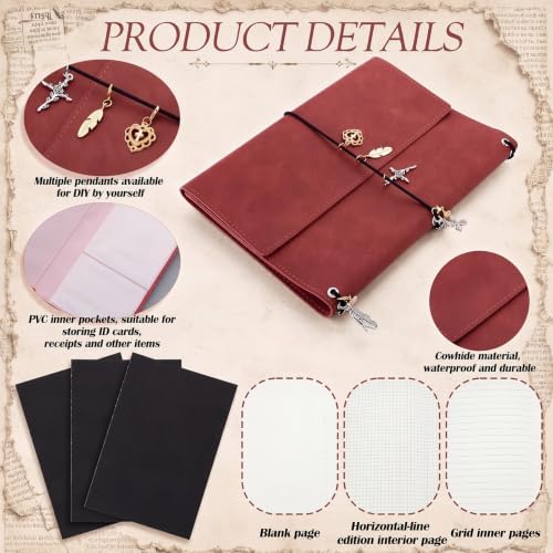 Eaasty A5 Journal Notebook and DIY Charm Kit Refillable Trifold Notebook Cover with 3 Blank Lined Grid Insert 2 Card Slots 24 Styles Journal Charms Lobster Clasps for Writing Travelers Jewelry Making