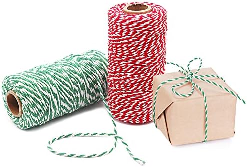 Benvo Pack of 2 Green White Cotton Twine and Red White Packing String Christmas Xmas Twine Rope Ribbon Cord for Baking, Butchers, DIY Crafts Wrapping Ornaments Hanging 656 ft Long