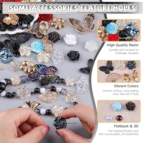 350 Pieces 3D Resin ABS Colorful Rose Flower Bows Butterfly Charms with Flatback Half Round Pearl Beads for Bracelet Earring Necklace Craft DIY Making Supplies