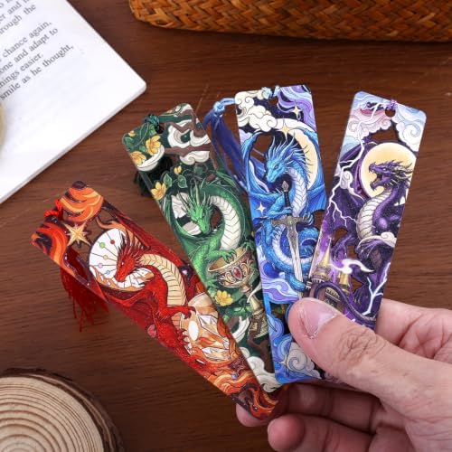 4 Pieces Wooden Dragon Bookmarks for Books, Journals, Planners - Cool Magic Book Markers for Reading Women & Men, Unique Book Marks Gifts for Book Lovers, Reading Accessories for Adults & Kids