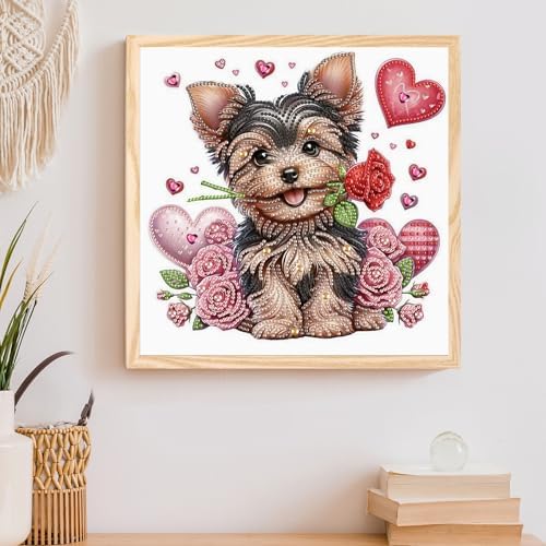 AiYuanzsh 5D Special Shape Diamond Art Kits for Adults, Valentine Puppy Diamond Painting Kit with Hearts and Roses, Crystal Rhinestone Diamond Art for Wall Decor Gift, 12×12 Inch